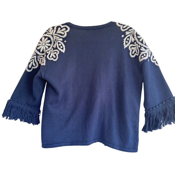 J. McLaughlin Navy Embroidered Fringe Sleeve Cardigan Jacket  L Cotton coastal - Picture 2 of 6